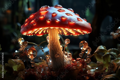 Delicate fly agaric with red cap blooming in enigmatic deep forest glade under bright sun rays