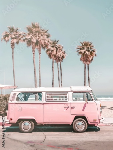 A pink van is parked in front of a row of tall palm trees under a sunny sky
