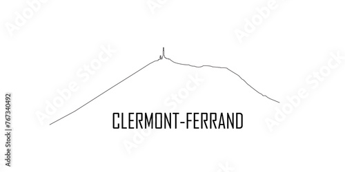 Silouhette du Puy de Dôme en contour ligne noire. texte "Clermont-Ferrand". Fond blanc. Minimaliste