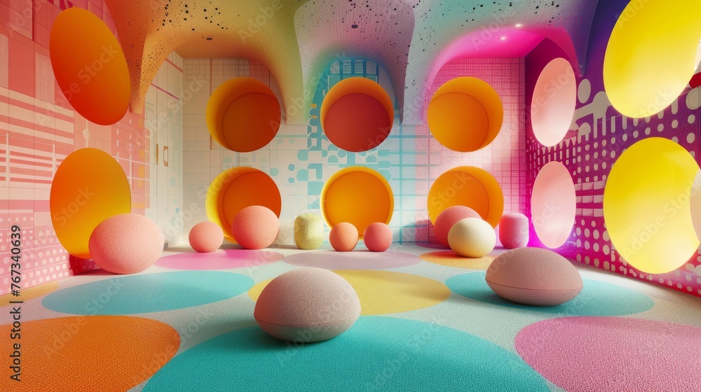 A vibrant and immersive 3D rendering of a room filled with colorful circles A vibrant and immersive 3D rendering of a room filled with colorful circles