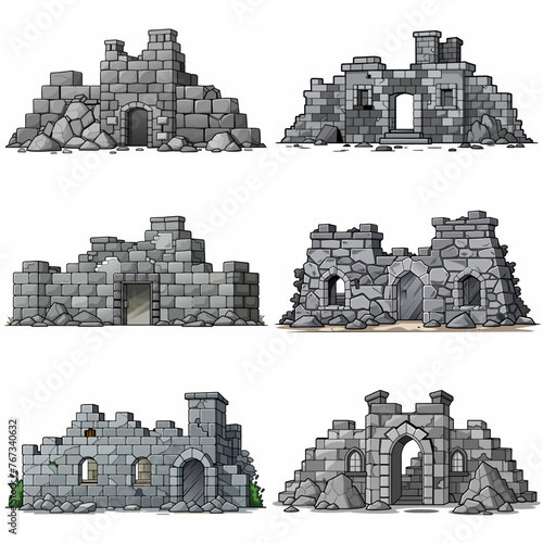 Ancient medieval stone ruins set. Broken castle  fort  temple ruins. Rock building. Ancient kingdom city element  fortress  old citadel structure  arch. Grey stone brick wall vector illustration.
