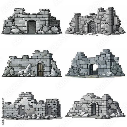 Ancient medieval stone ruins set. Broken castle  fort  temple ruins. Rock building. Ancient kingdom city element  fortress  old citadel structure  arch. Grey stone brick wall vector illustration.