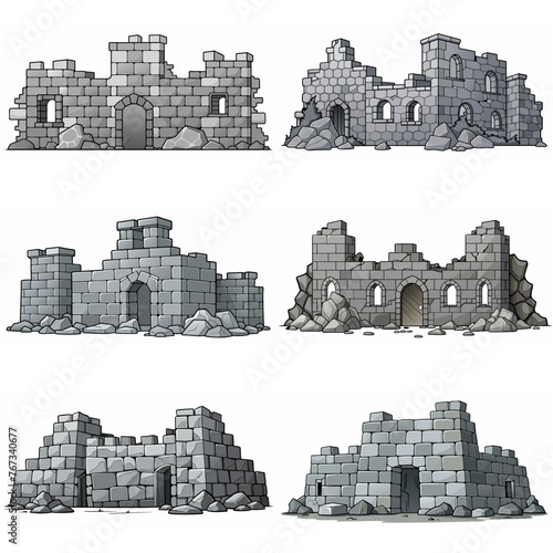 Ancient medieval stone ruins set. Broken castle, fort, temple ruins. Rock building. Ancient kingdom city element, fortress, old citadel structure, arch. Grey stone brick wall vector illustration.
