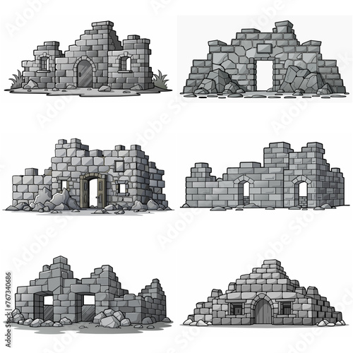 Ancient medieval stone ruins set. Broken castle, fort, temple ruins. Rock building. Ancient kingdom city element, fortress, old citadel structure, arch. Grey stone brick wall vector illustration.