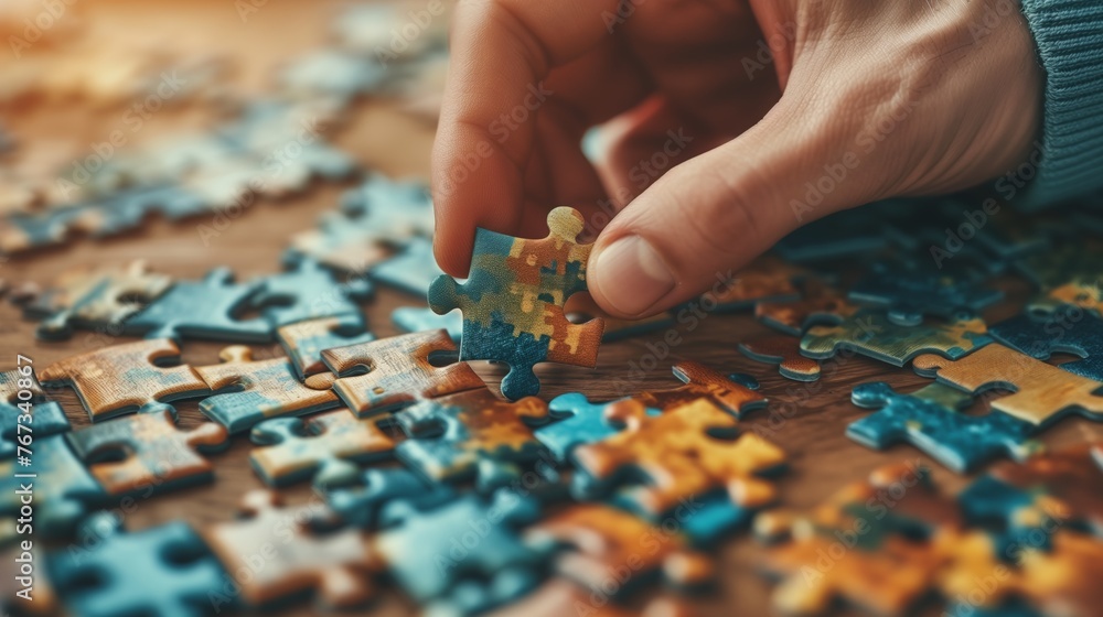 Person's hand strategically inserting a multicolored puzzle piece into jigsaw puzzle Person's hand strategically inserting a multicolored puzzle piece into jigsaw puzzle