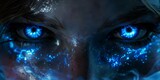 Woman's blue eyes in the dark. Fire. Piercing eyes. Burning demonic eyes. Fiery Mysterious. Magic, secrecy, mysticism, visual effect. Hypnosis, power of sight. Look. Close up. Game art. Man