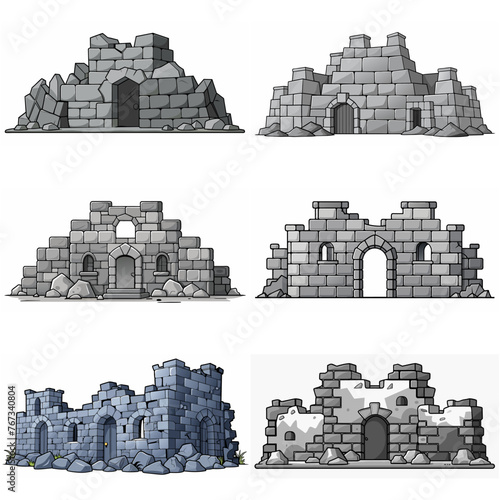 Ancient medieval stone ruins set. Broken castle, fort, temple ruins. Rock building. Ancient kingdom city element, fortress, old citadel structure, arch. Grey stone brick wall vector illustration.