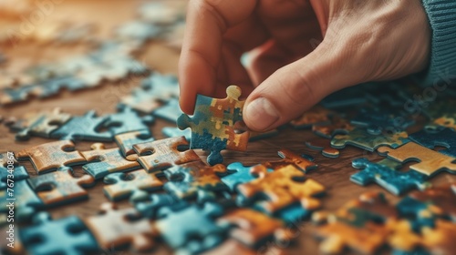 Person's hand strategically inserting a multicolored puzzle piece into jigsaw puzzle