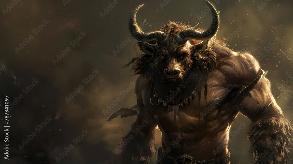 Powerful Minotaur Creature with Horns in Dark Fantasy Environment with Dramatic Lighting and Intense Atmosphere