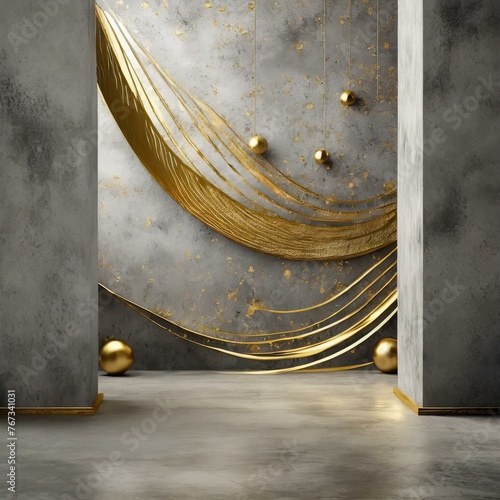 An elegant high room with a stone-gray, plastered wall with gold accessories. Eleganckie wysokie pomieszczenie z kamienna szarą, otynkowana ściana ze złotymi dodatkami 