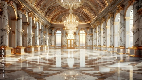 Opulent Marble Ballroom of a Luxurious Palace with Elaborate Architectural Details and Sparkling Chandelier