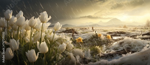 A serene natural landscape of white tulips standing tall in the rain, with majestic mountains in the background under a cloudy sky #767341035