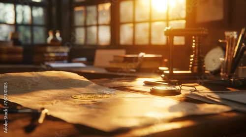 A close-up of a patent document with a golden embossed seal, resting on an inventor's workbench amidst prototypes and sketches, the early morning sunlight streaming in and highligh photo