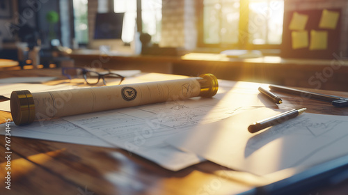 A close-up of a patent document with a golden embossed seal, resting on an inventor's workbench amidst prototypes and sketches, the early morning sunlight streaming in and highligh