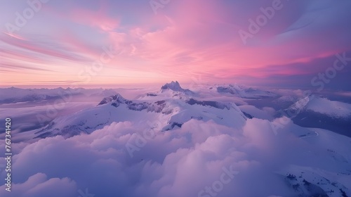 Landscape of a pink and violet sky with sunset clouds, Fantastic orange evening landscape glowing by sunlight. Dramatic wintry scene with snowy trees. Carpathians, Ukraine, Europe, AI Generated 