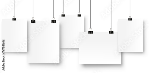 Picture gallery empty on paper clip with realistic shadow. Photo canvas clean advertising hanging banner on strings. Realistic gallery vector mockup. Vector EPS 10