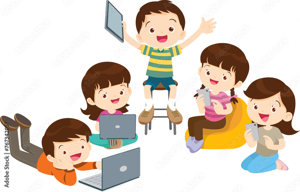 E-Learning concept Students kids Reading and online learning technology with computer laptop smartphone E-Learning concept Students kids Reading and online learning technology with computer laptop smartphone