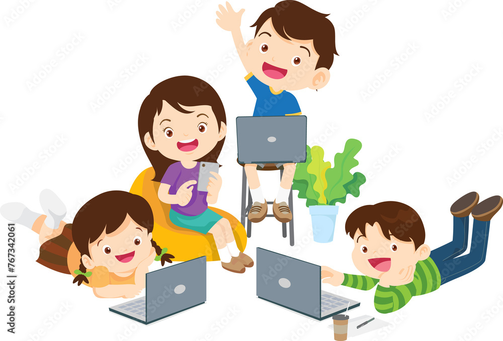 E-Learning concept Students kids Reading and online learning technology with computer laptop smartphone E-Learning concept Students kids Reading and online learning technology with computer laptop smartphone