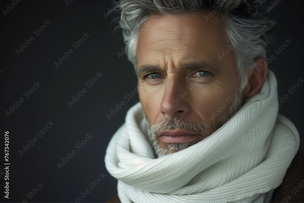 Close-up portrait of a very handsome middle aged man with salt and pepper hair and very short beard, blue eyes, and a white sweater or scarf - isolated, dark background, copy space Close-up portrait of a very handsome middle aged man with salt and pepper hair and very short beard, blue eyes, and a white sweater or scarf - isolated, dark background, copy space