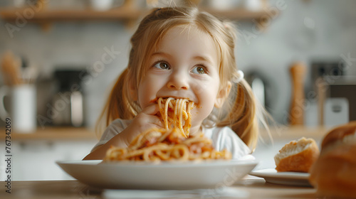 Cute little kid girl eating spaghetti bolognese at home photo