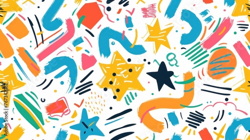 A playful and creative seamless pattern featuring colorful line doodles