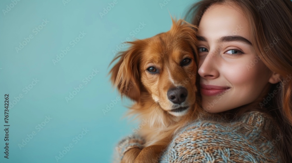Woman Holding Blue Dog in Studio Setting