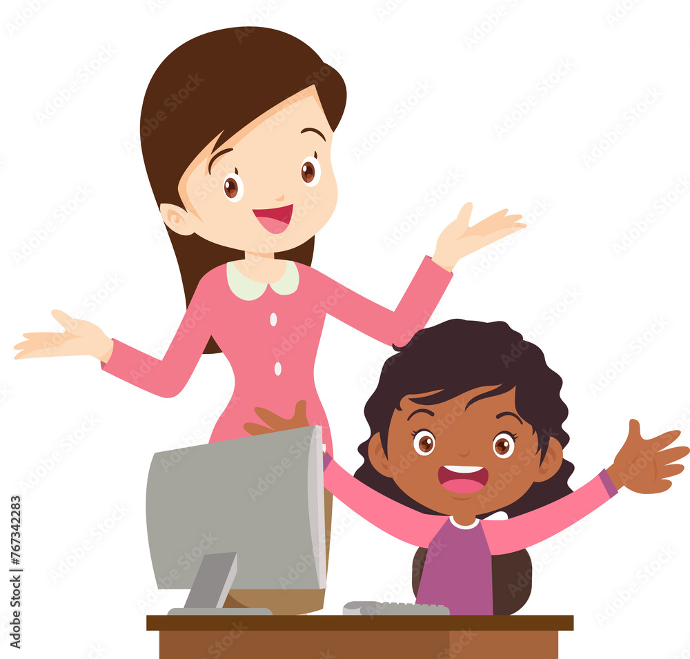 happy teacher and student learning computer happy teacher and student learning computer