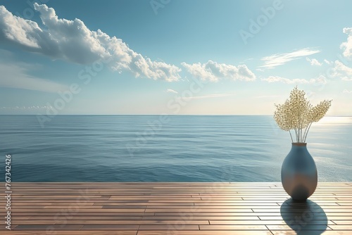 Wooden deck overlooking tranquil ocean photo