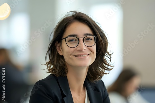 Opportunities for a Professional Woman: Smiling businesswoman in office setting with glasses looking away at copy space. Concept Corporate Portraits, Professional Women, Modern Office