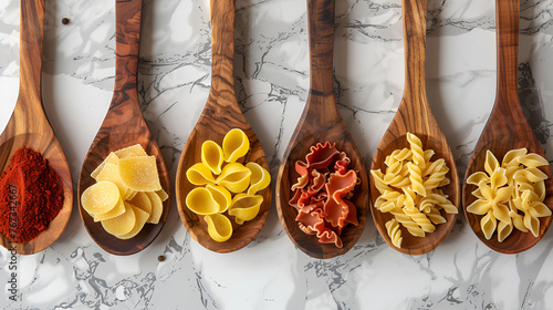 Different pasta types in wooden spoons on the table