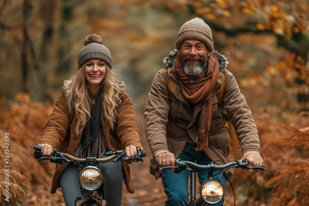 Fototapeta premium Man and Woman Biking in the Woods