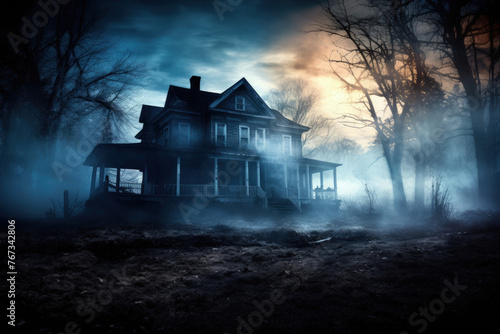 Haunted Houses in Fog, Halloween Holiday Concept