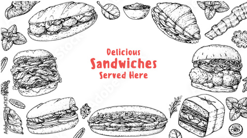 Delicious sandwich frame. Menu design template. Sandwich sketches. Unique recipe. Hand drawn vector illustration.
