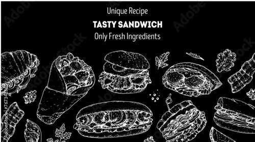 Tasty sandwich frame. Menu design template. Sandwich sketches. Unique recipe. Hand drawn vector illustration.