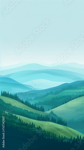 Minimalist landscape awash in soft blue and green hues, with an accent of vibrant turquoise