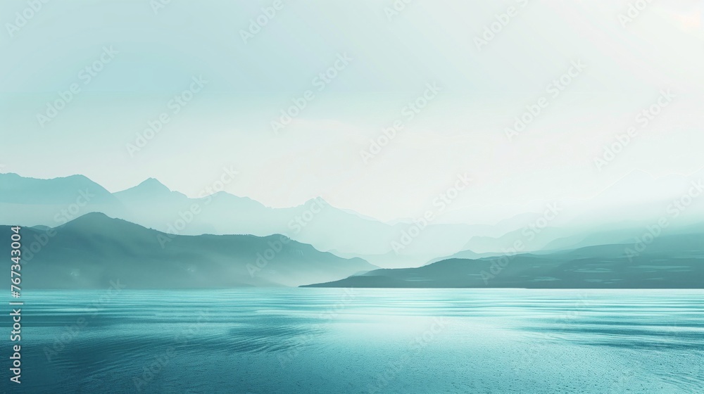 Minimalist landscape awash in soft blue and green hues, with an accent of vibrant turquoise