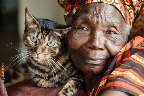 closeup of old african woman hug cat at home