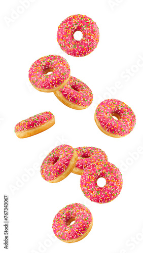 Falling Donut isolated on white background, full depth of field