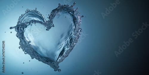 Water or blue transparent liquid splash in shape of heart. Empty copy space on side. Generative AI
