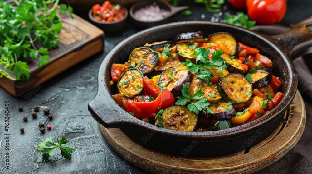 Ratatouille is a dish made of eggplant, pepper and zucchini. French dish Ratatouille is a dish made of eggplant, pepper and zucchini. French dish