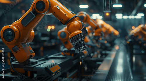 Brazos robóticos en línea de montaje industrial