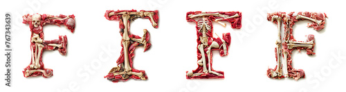 Letter F Horror alphabet and number concept. Halloween isolated text. Creepy meat with bones, flesh and skin. Anatomy alphabet and numbers set. Isolated white background. Bloody rotten meat