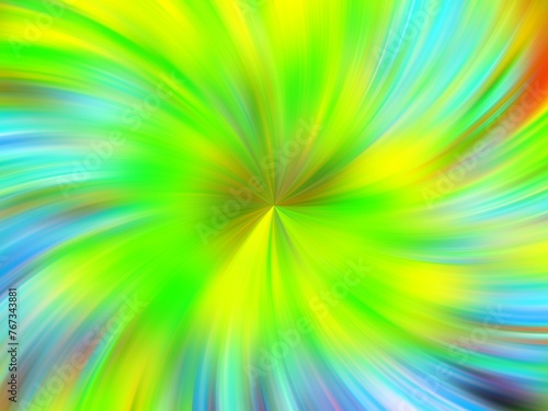 Colorful background with vortex, rays, green and yellow neon colors - abstract graphic with effect of depth of space, motion, rotation, blur and mixing colors. Topics: texture, pattern, computer art