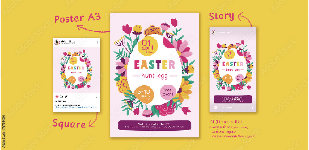 Easter Egg Hunt Poster - Spring Flowers
Promote your easter events, with this beautiful and colorful poster, flyer, card template. Let's spring flowers catch the eye of your prospect!