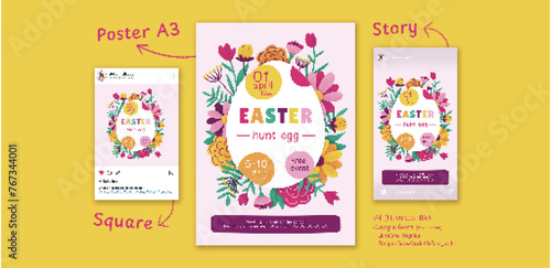 Easter Egg Hunt Poster - Spring Flowers Promote your easter events, with this beautiful and colorful poster, flyer, card template. Let's spring flowers catch the eye of your prospect!