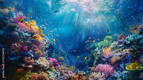 Underwater view of a vibrant coral reef, alive with color and bustling with marine life, a hidden world beneath the waves, every detail captured with stunning clarity