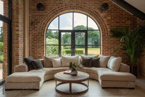 Industrial Chic Living Room with Arched Windows and Brick Walls. Modern Loft Style Lounge with Sectional Sofa and Exposed Brick