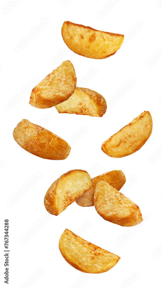Falling fried Potato wedges, isolated on white background, full depth of field