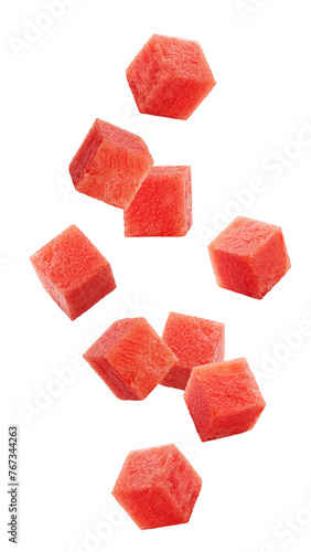 Falling Watermelon cubes isolated on white background, full depth of field
