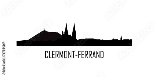 Silhouette de la ville de Clermont-Ferrand avec la cathédrale et le Puy de Dôme. Noir & blanc. Texte Clermont-Ferrand